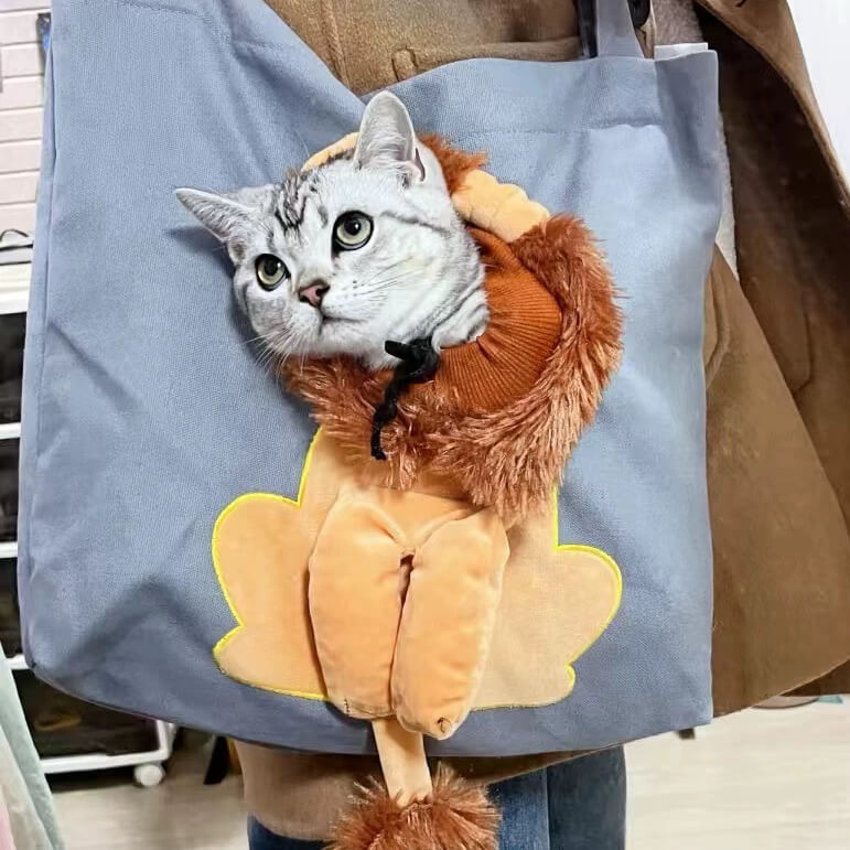 Lion Cat Carrier Bag | Canvas Tote Handbag Cat Carrier | Bag With Hole For Cat Head | Pet Grow